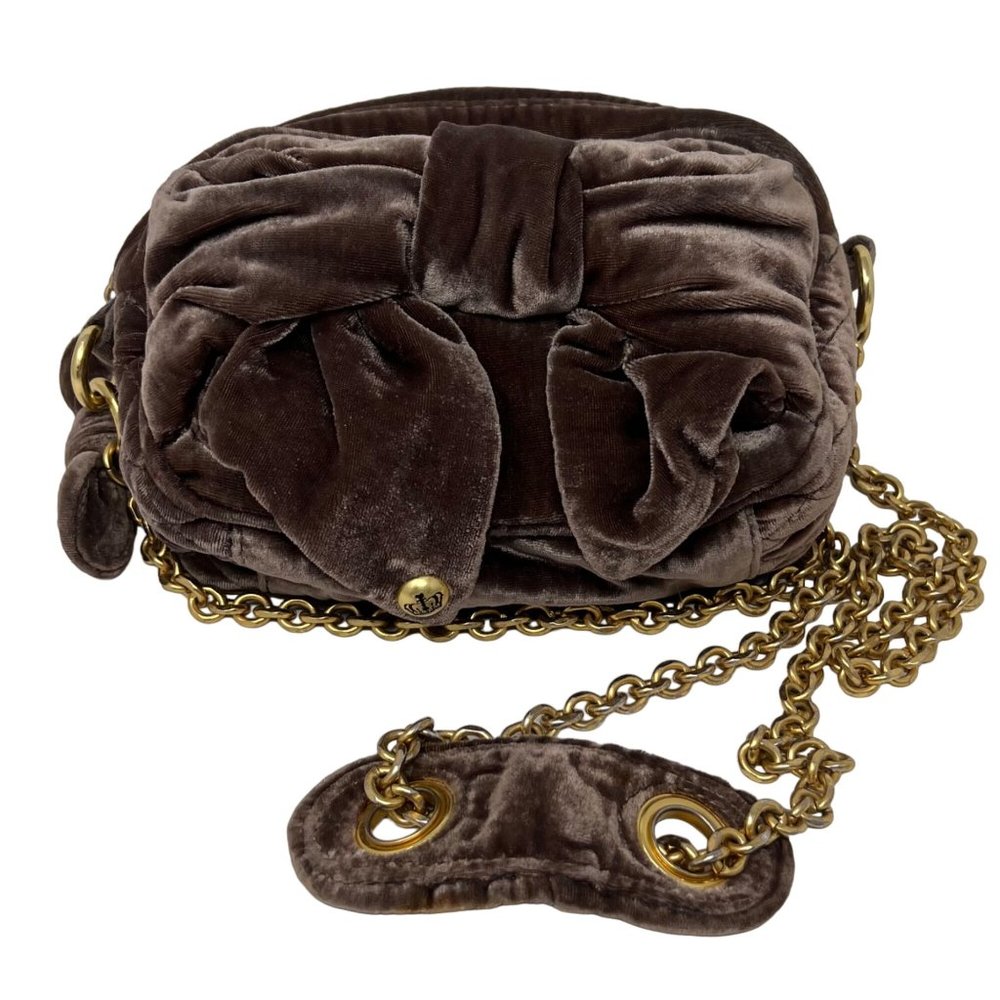 Juicy Couture Brown Velvet‎ Bow Chain Strap Crossbody Purse Top Zip 8" Wide - Picture 5 of 13